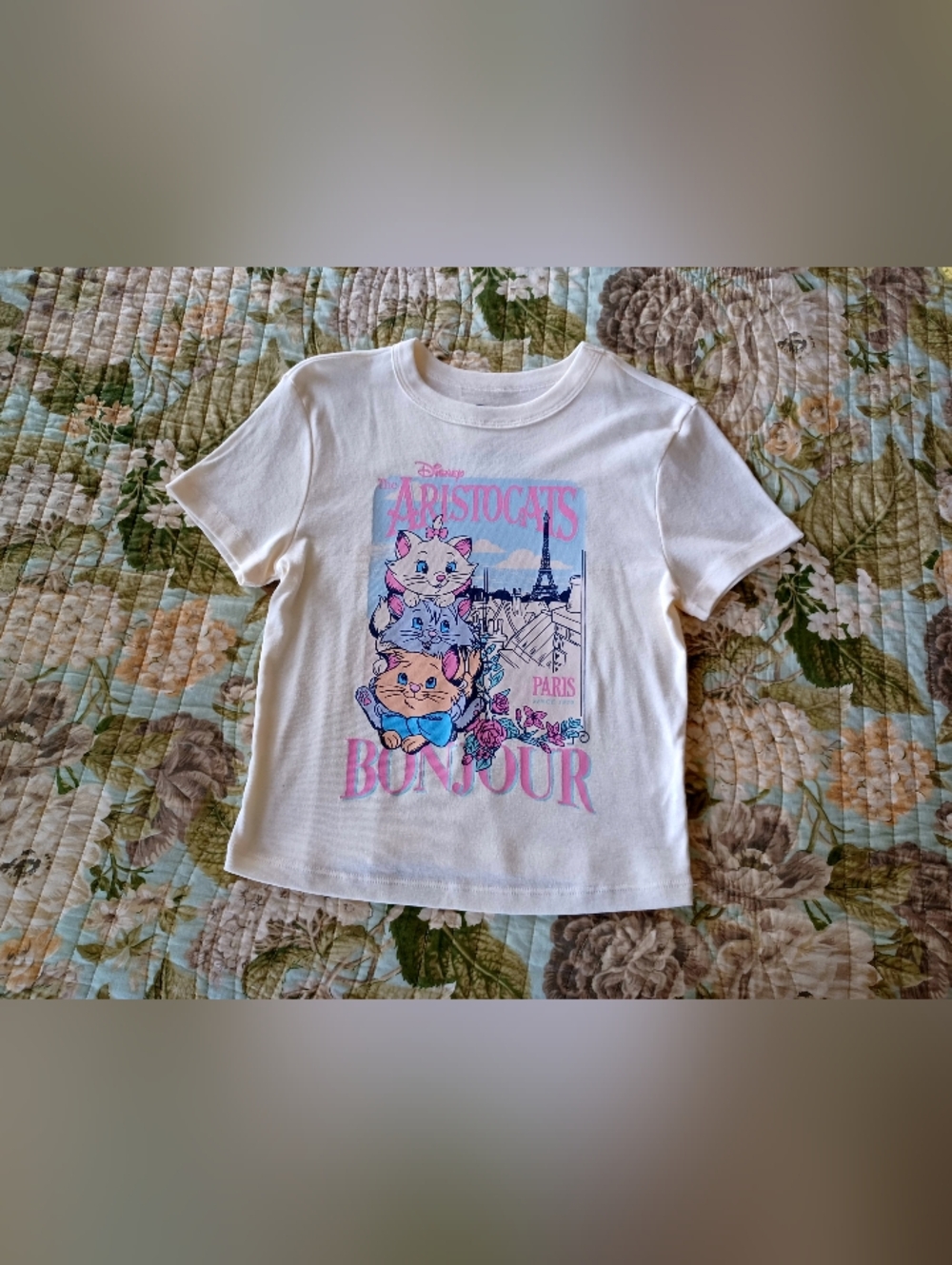 Disney Paris Bonjour Aristocats Kid's Graphic Tee - Cream Pink Blue, Size M - Picture 2 of 10